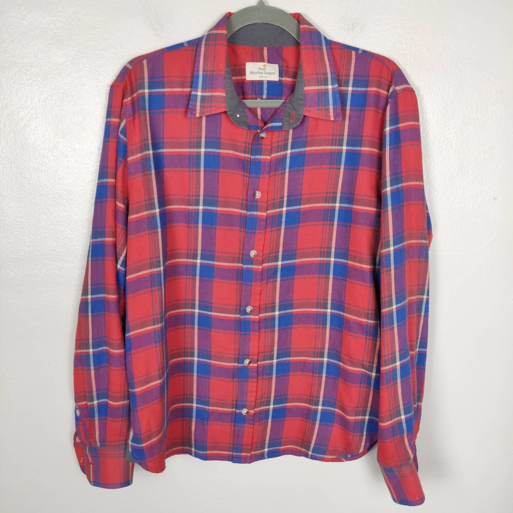 Marine Layer Men's Medium Green Blue Plaid Flannel Button Up 100% Cotton